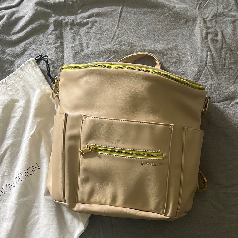 Fawn Design Tan Diaper Bag with Neon and Gold Accents